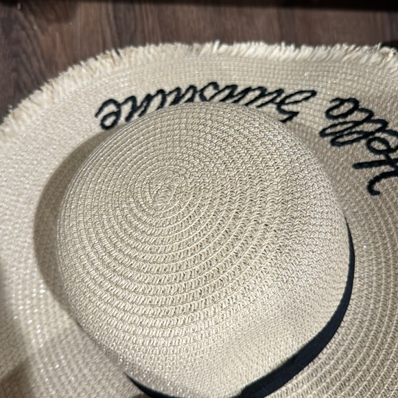 211. CLEARANCE! Cream black Hello Sunshine Straw Beach Hat Bohemian Retro pool - Picture 7 of 7